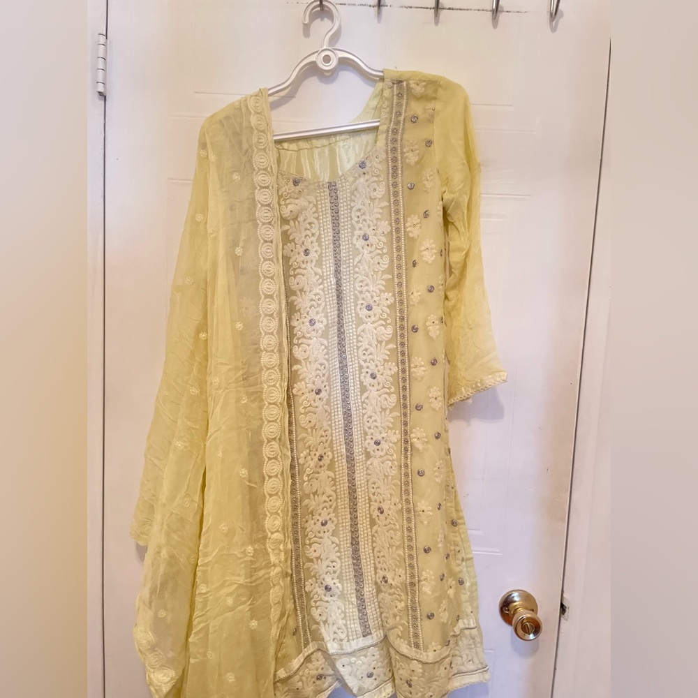 Women’s Embroidered Indian Fancy 3 piece Suit Partywear in Butter Yellow